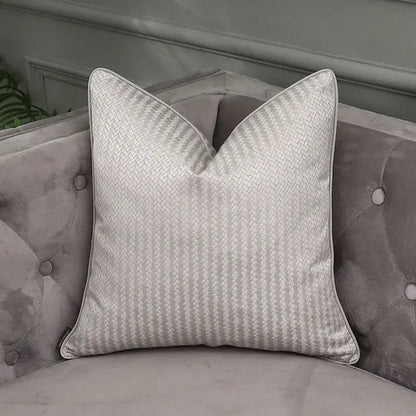 Silver woven texture pillow cover with subtle sheen on gray tufted sofa decorbites frosted gold satin decorbites pillow covers