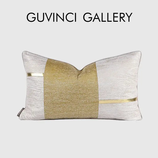 Rectangular decorative lumbar pillow cover with frosted gold satin and silver fabric featuring two horizontal metallic stripes