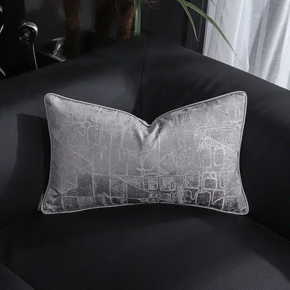 Silver-gray velvet pillow cover with subtle geometric pattern and piping decorbites frosted gold satin decor accent