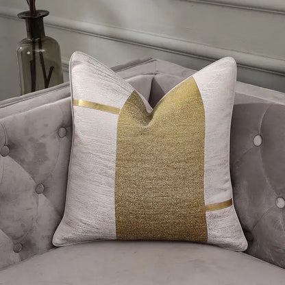 A square pillow cover with textured silver and gold geometric stripes in frosted gold satin for bedroom decorbites decor
