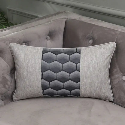 Gray rectangular pillow cover with stitched hexagonal panel and textured light gray fabric for decorbites frosted gold satin collection