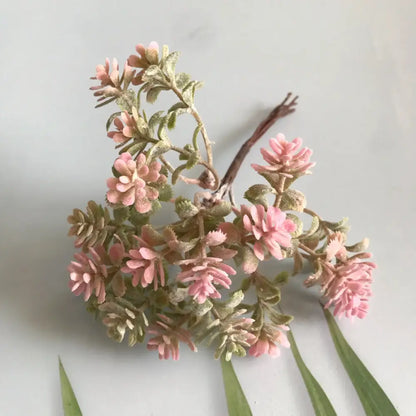 A frosted greenery berry stamen bundle featuring artificial pink and green succulent flowers with fuzzy leaves for decorbites greenery berry decor