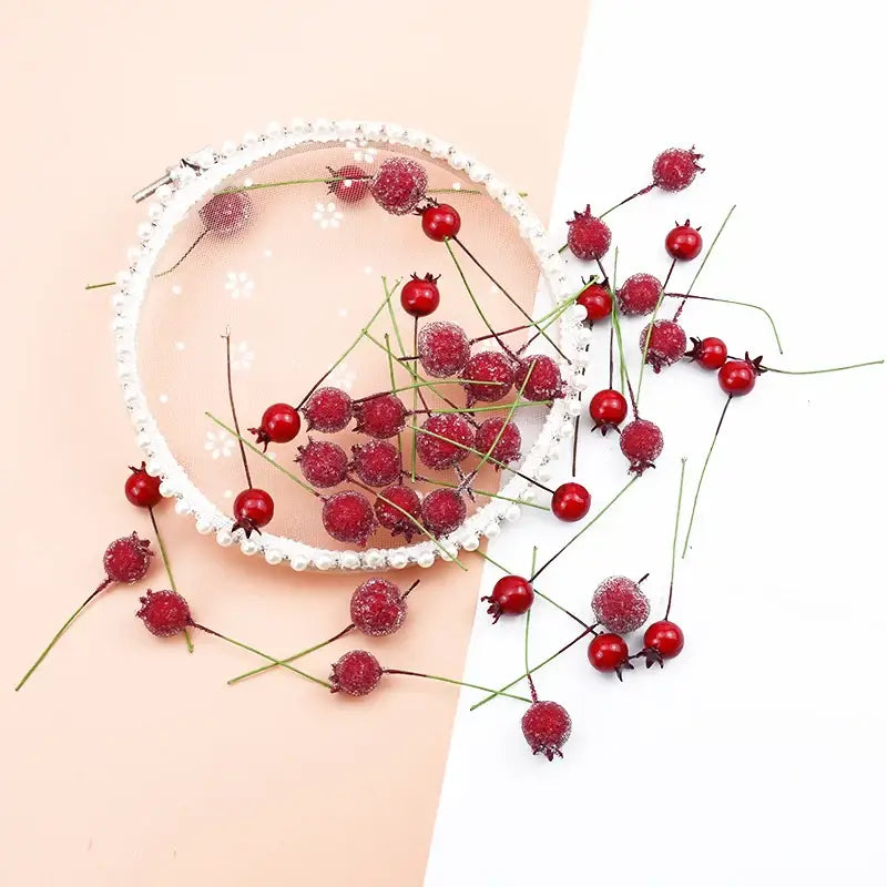 Frosted red foam cherry artificial fruits with glittery red berries and green stems in a white mesh decorbites foam cherry circle