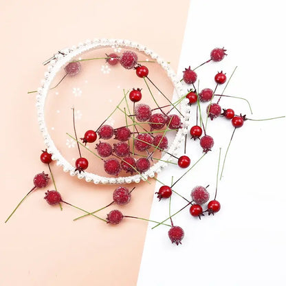 Frosted red foam cherry artificial fruits with glittery red berries and green stems in a white mesh decorbites foam cherry circle