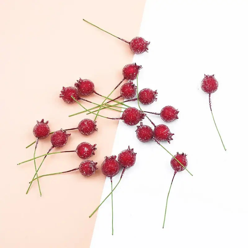 Frosted red foam cherry artificial fruits with red glittery rose hips on thin green stems for dining room decorbites decor