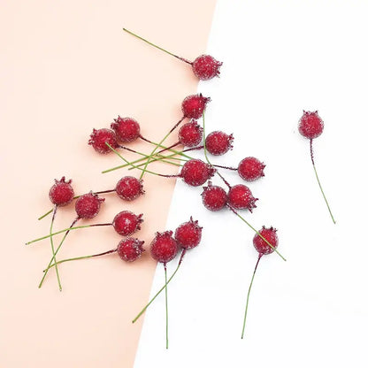 Frosted red foam cherry artificial fruits with red glittery rose hips on thin green stems for dining room decorbites decor
