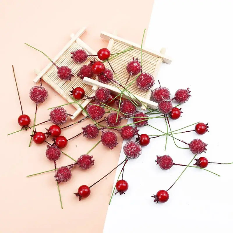 Frosted red glittery foam cherry artificial fruits on thin stems for dining room decorbites foam cherry decor set