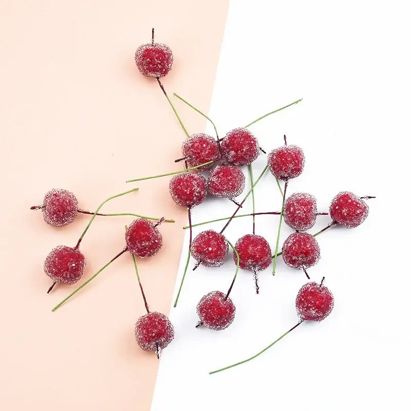 Frosted red glittery foam cherry artificial fruits with green stems and dark brown tips for dining room decorbites decor