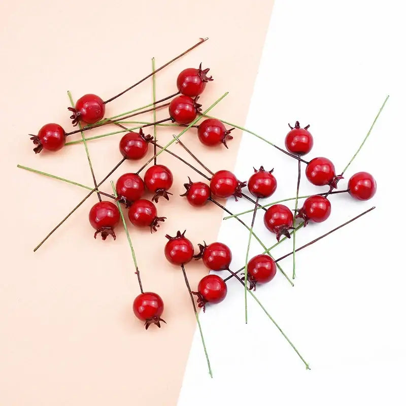 Red glossy frosted decorbites foam cherry artificial fruits with dark stems and green wire branches for dining room decor