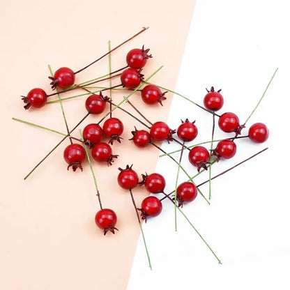 Red glossy frosted decorbites foam cherry artificial fruits with dark stems and green wire branches for dining room decor