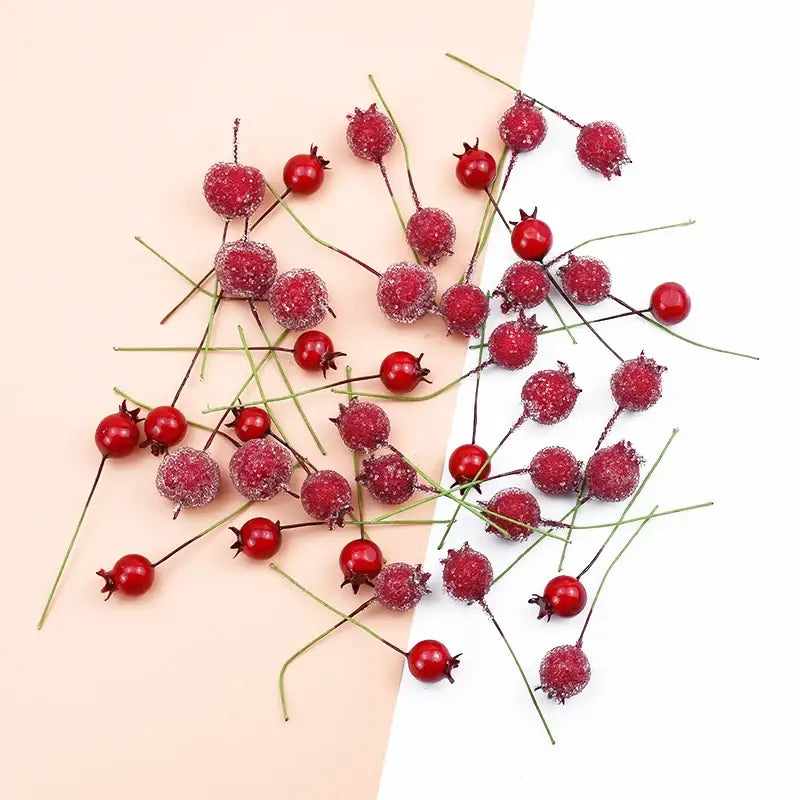Frosted red foam cherry artificial fruits with green stems and dark brown tips for dining room decorbites decor