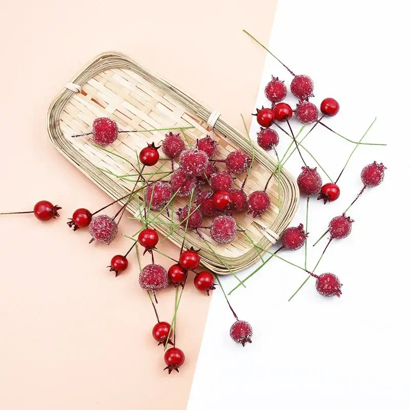 Frosted red foam cherry artificial fruits with berry clusters on thin green stems for dining room decorbites decor