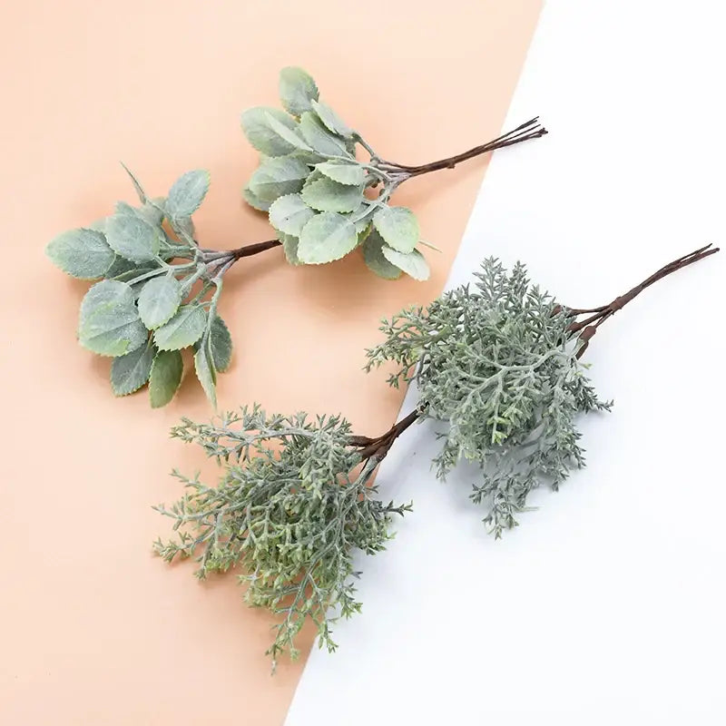 Frosted silver and brown artificial plants with textured leafy branches and brown stems for decorbites decorative artificial living room decor