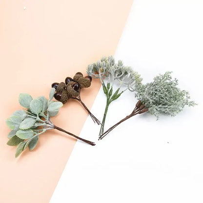 Frosted silver and brown decorative artificial plants bundle with textured green and brown foliage and acorns for decorbites decor