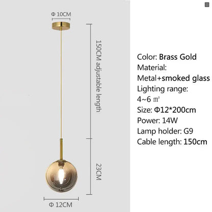 Brass gold pendant light with smoke gray frosted glass globe and metal rod ideal for dining room lighting