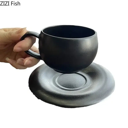 Black ceramic cup and saucer set with matte finish minimalist design from decorbites frosted collection for dining room