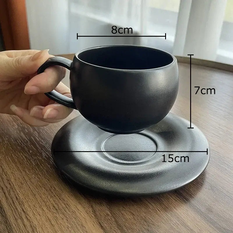 Black ceramic cup and matching saucer set 8cm wide 7cm tall complement decorbites frosted dining room decor