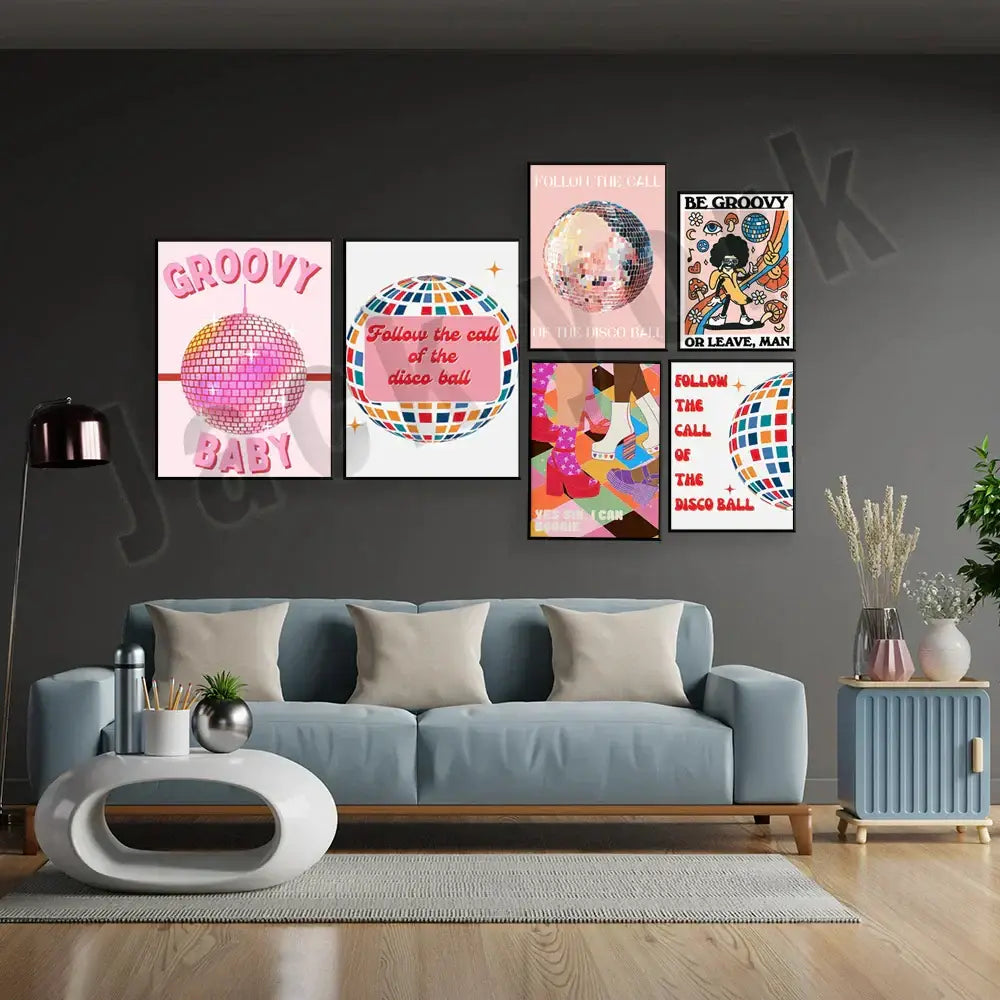 Blue upholstered sofa with beige throw pillows and wooden legs complementing decorbites funky disco gogo canvas print wall art