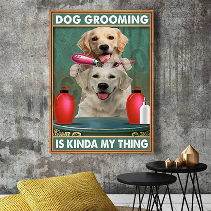 A framed jack york canvas print featuring two golden retrievers with grooming tools for humorous room decor
