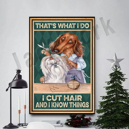A framed funny jack york canvas print featuring a cartoon dachshund in a barber apron with grooming room decor text