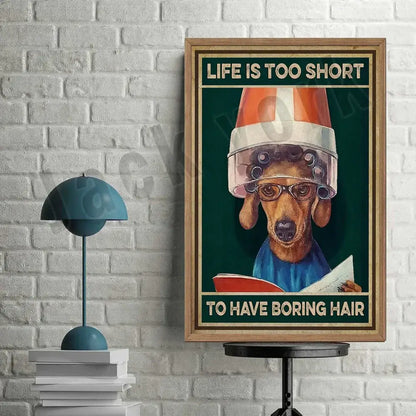 A framed jack york canvas print featuring a dachshund with curlers and glasses on dark green background