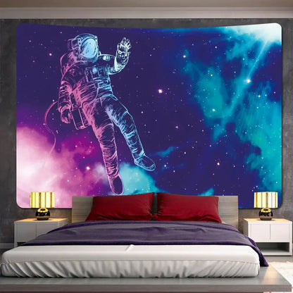 Futuristic astronaut tapestry wall hanging featuring a glowing astronaut with purple blue and teal cosmic decorbites design