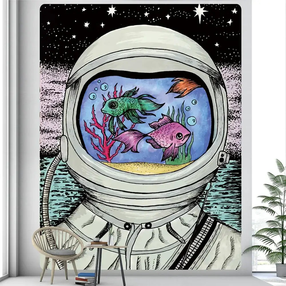 A vibrant orange futuristic astronaut tapestry wall hanging featuring colorful fish in helmet against a starry sky decorbites