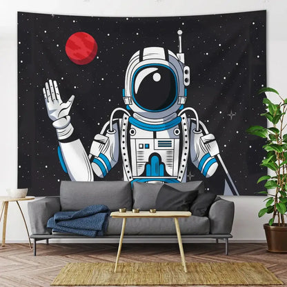 Black wall tapestry featuring a cartoon astronaut in white and blue suit waving with red planet and stars decorbites futuristic astronaut