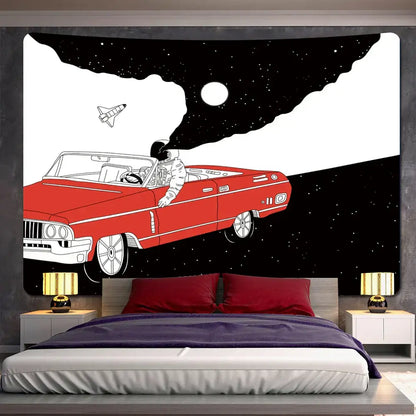 Red convertible car tapestry with white astronaut driving through space stars and moon decorbites futuristic astronaut wall hanging