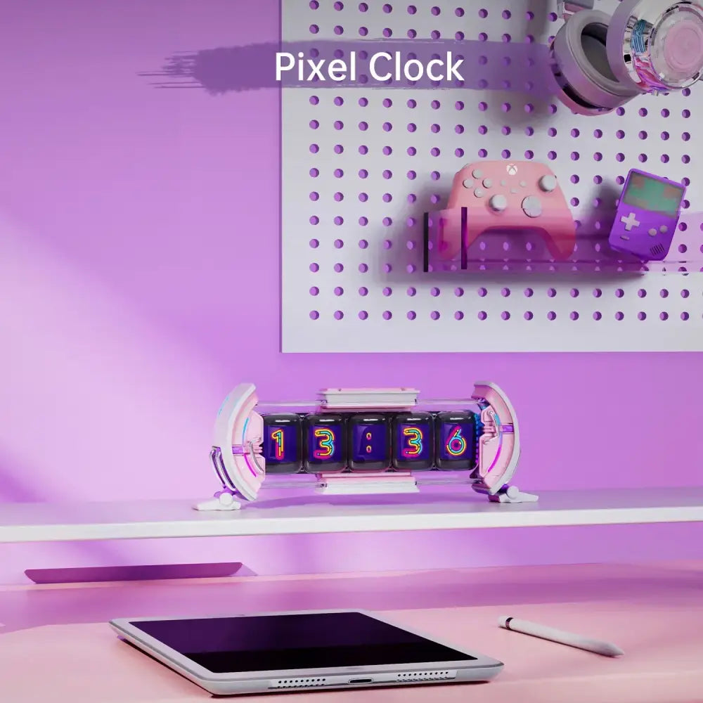 A sleek futuristic pink and white cute gaming digital clock with glowing neon numerals displaying 13:36 decorbites cute gaming decor