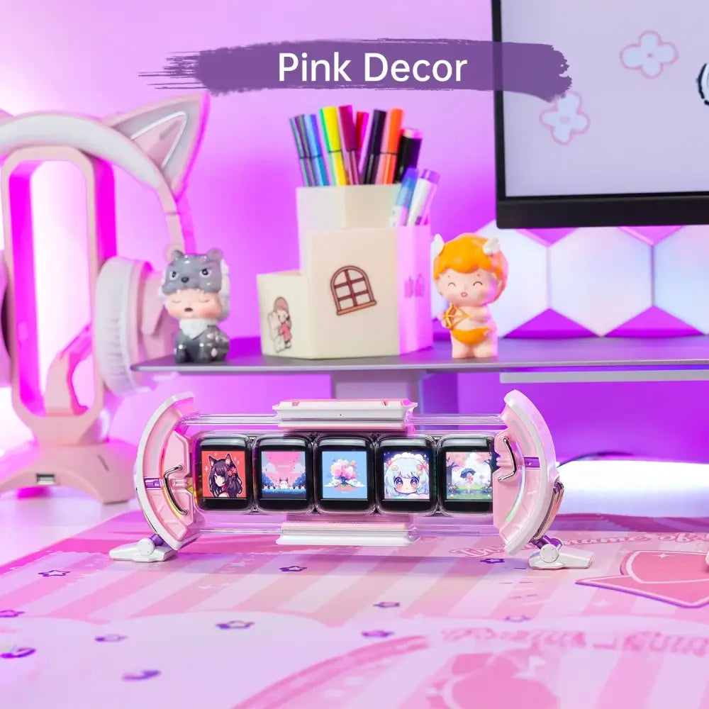 Futuristic pink and white transparent acrylic digital clock with five screens displaying anime decorbites cute gaming art