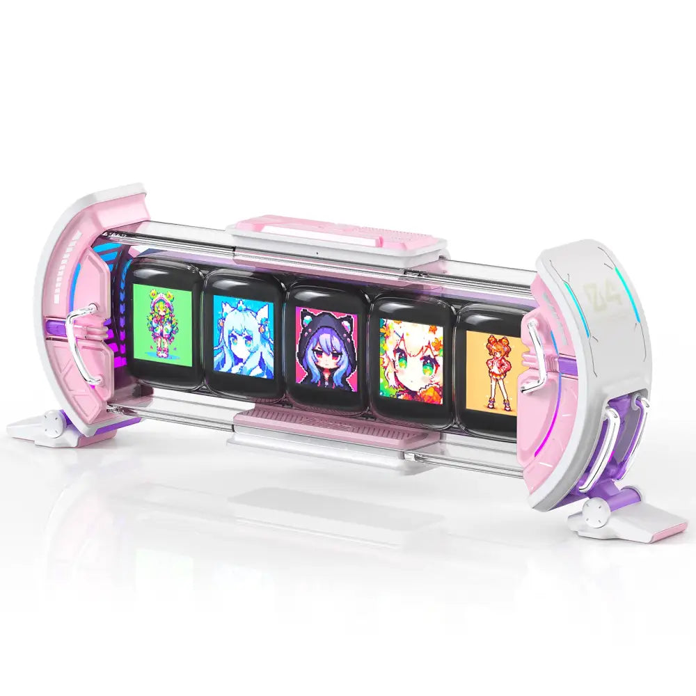 Futuristic pink and white cute gaming digital clock with five glowing screens showing colorful anime characters decorbites cute gaming digital