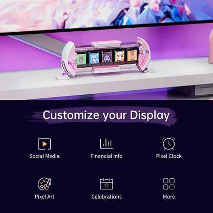 A sleek futuristic pink and white cute gaming digital clock with curved display featuring colorful anime avatars
