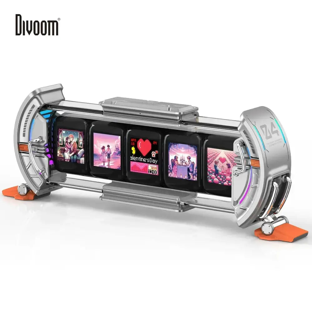 Silver and orange futuristic-themed divoom smart wifi clock with five illuminated screens showing valentine’s day decorbites cyberclock times gate