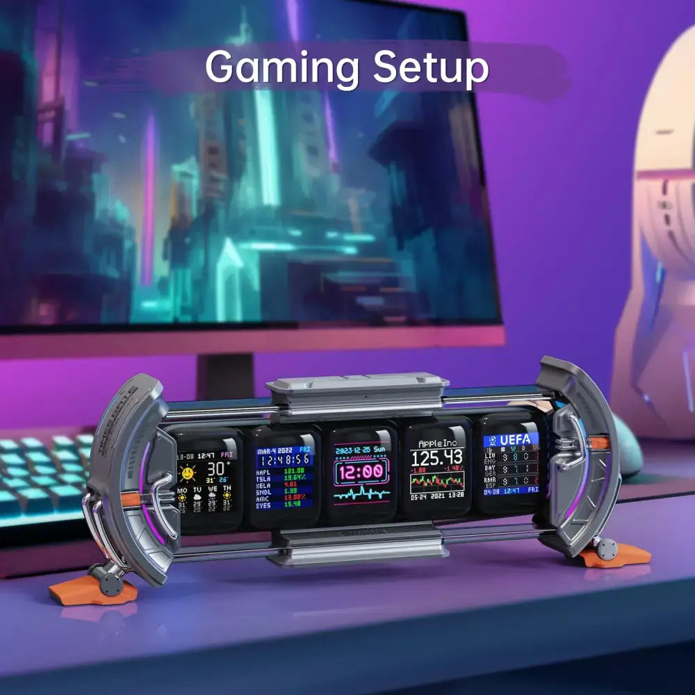 Silver metallic gaming monitor stand with multiple digital displays showing time weather stocks and sports scores for decorbites cyberclock smart wifi clock times gate