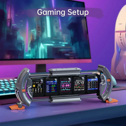 Silver metallic gaming monitor stand with multiple digital displays showing time weather stocks and sports scores for decorbites cyberclock smart wifi clock times gate