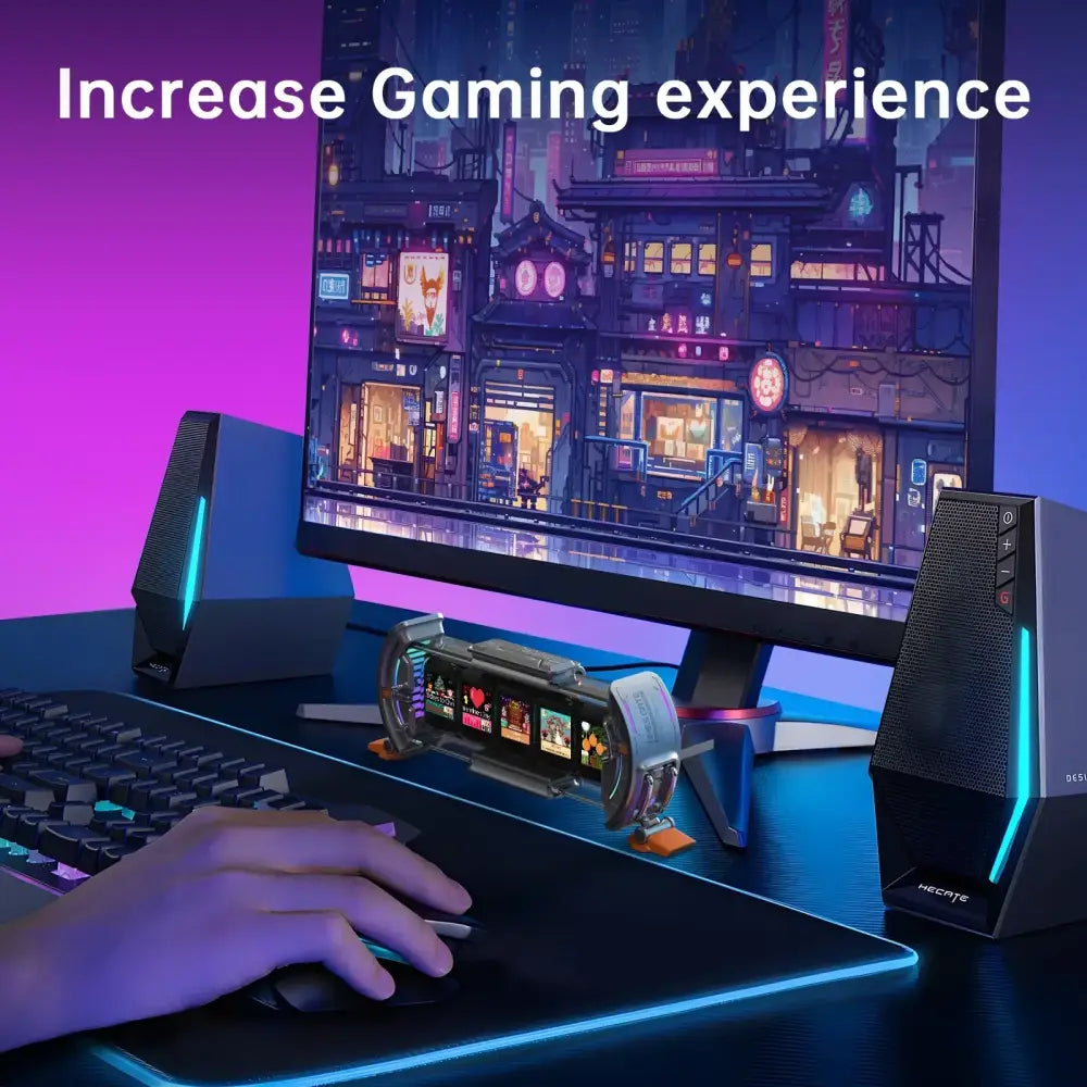 Black and silver gaming headset with glowing blue led accents complementing decorbites cyberclock smart wifi clock design