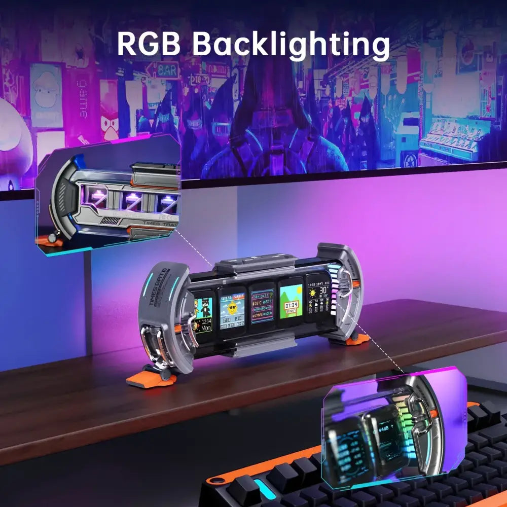 Futuristic gray and black rgb-backlit gaming monitor stand with orange accents for smart wifi clock decorbites cyberclock times gate