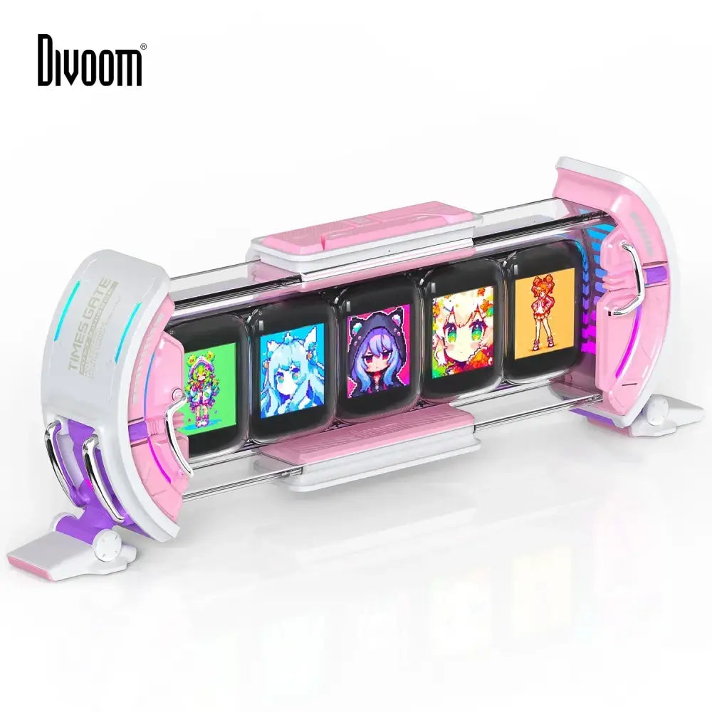 Pink and white divoom times rite multi-screen smart wifi clock with five colorful pixel-art displays for decorbites cyberclock
