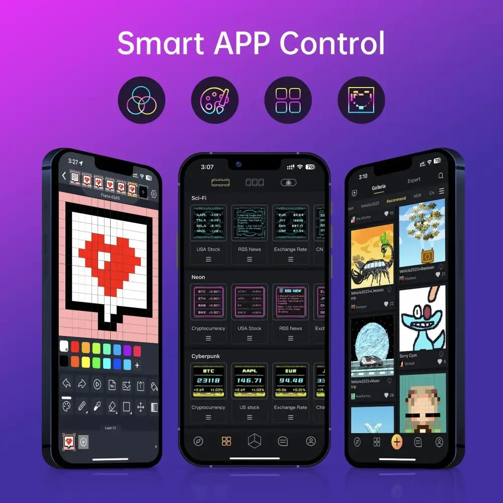 Three smartphones displaying a pixel art app alongside a futuristic transparent smart wifi clock rgb led bedroom display decorbites cyberclock times gate