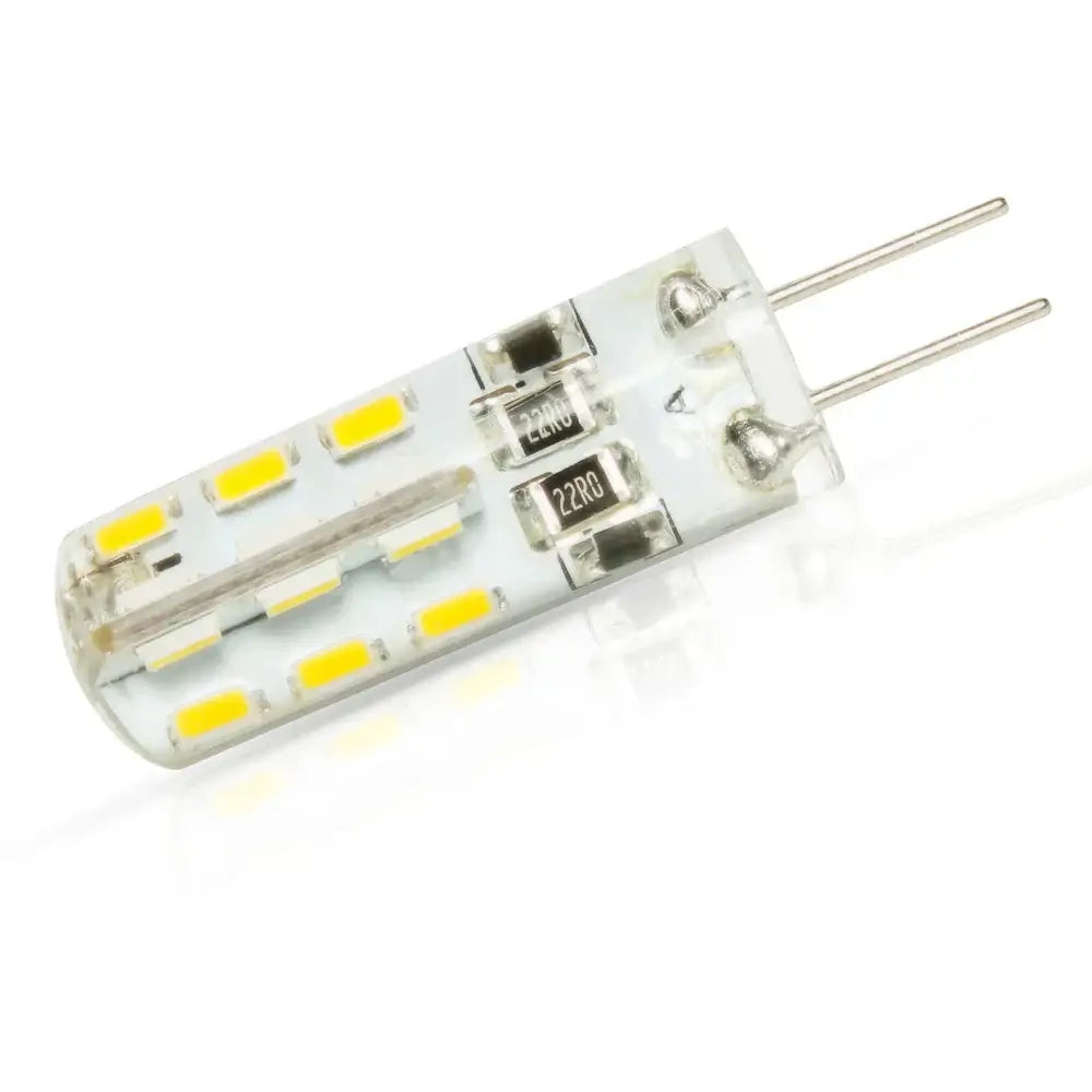 Clear glass led corn lamp with multiple yellowish leds and two metallic pins for warm and cold white kitchen lighting