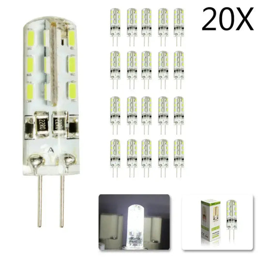 Clear glass g4 led corn lamp with yellowish-green diodes, metallic pins, and 220v label for kitchen spotlight use