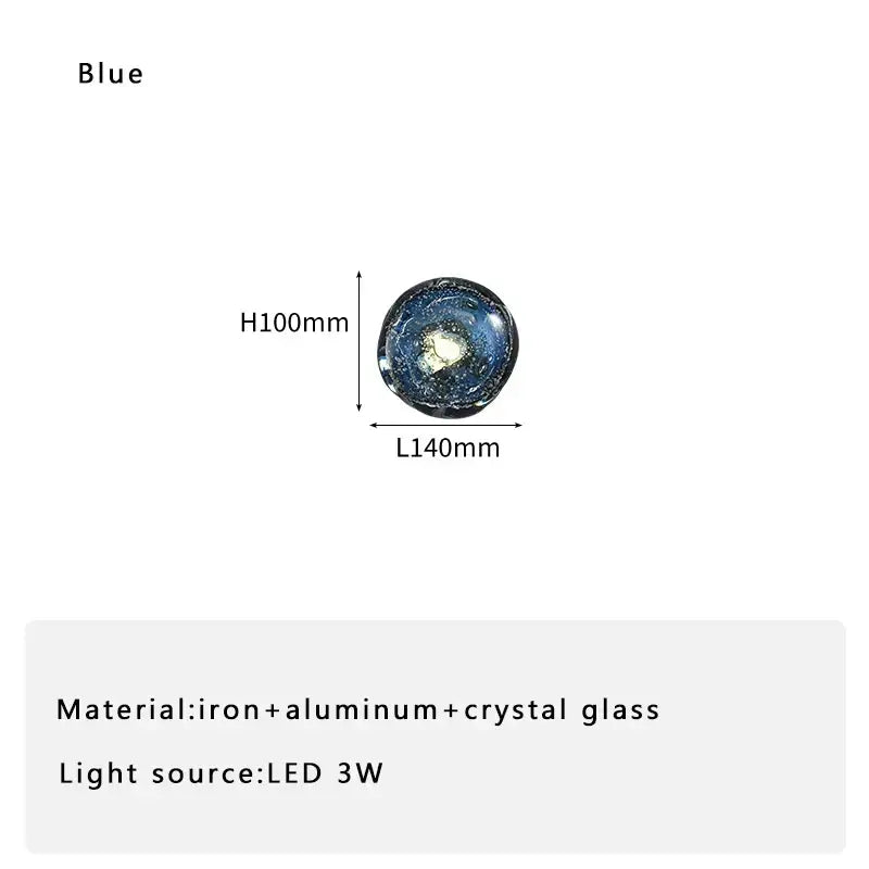 Blue galaxy-themed wall sconce lamp with spherical iron aluminum and crystal glass design for living room lighting