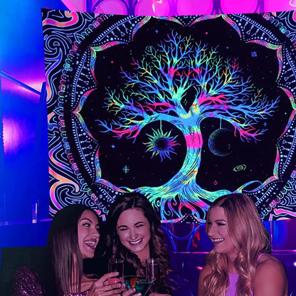 A vibrant galaxy tree life tapestry with neon hues on black background for decorbites galaxy tree bedroom decor