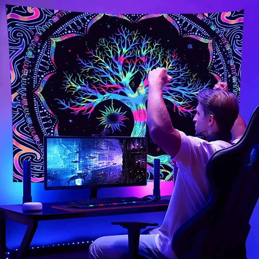Galaxy tree of life tapestry with vibrant neon colors featuring a glowing tree for aesthetic bedroom decor by decorbites