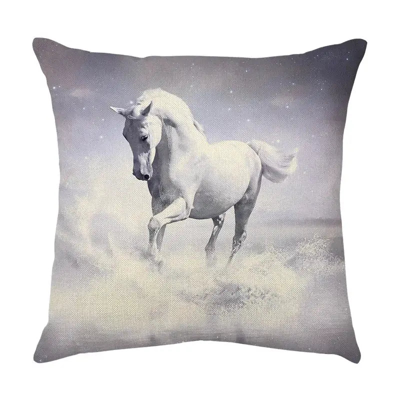Square decorbites galloping horse pillowcase featuring a white horse galloping in misty terrain on linen cushion cover