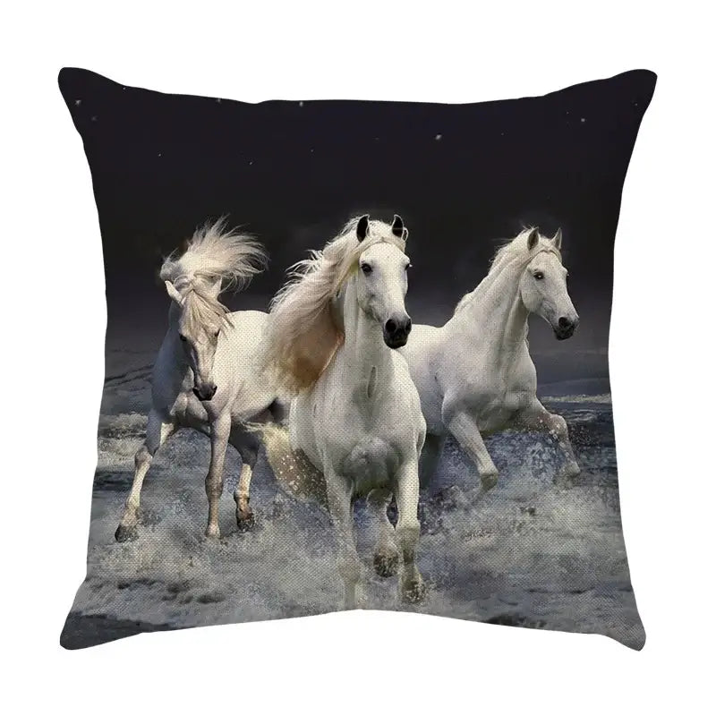 Square galloping horse pillowcase with three white horses printed on vibrant linen cover for living room decorbites galloping horse