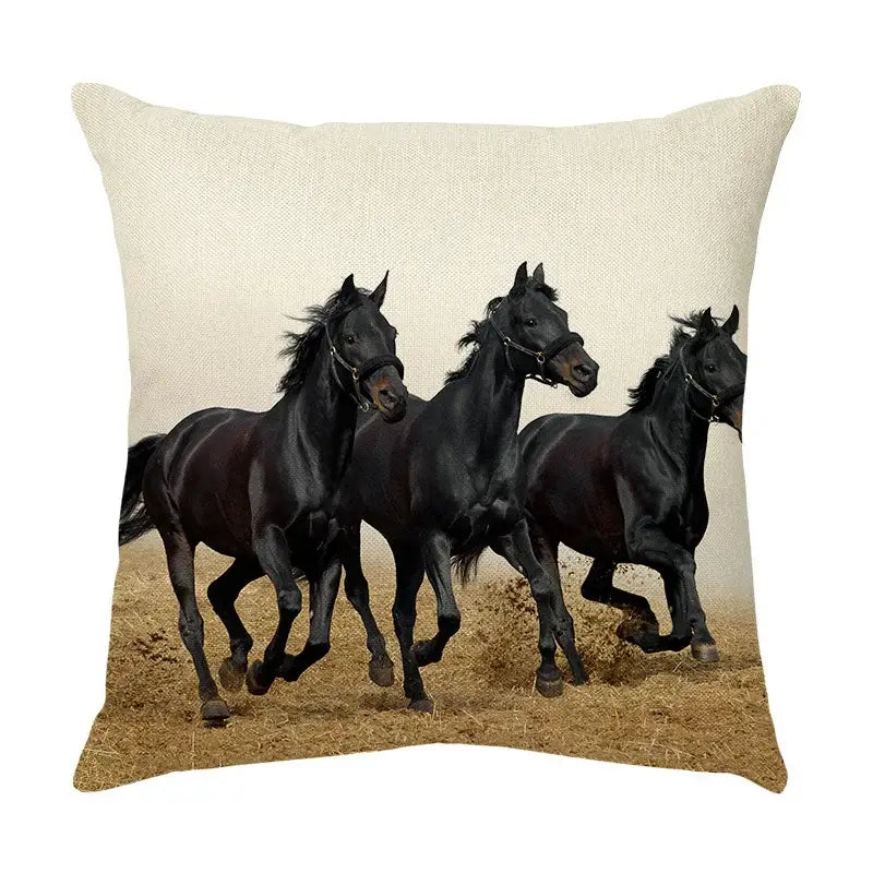 Beige linen galloping horse pillowcase featuring vibrant black horses print for living room decor by decorbites galloping horse