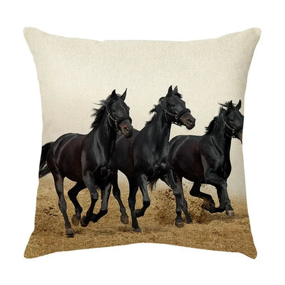 Beige linen galloping horse pillowcase featuring vibrant black horses print for living room decor by decorbites galloping horse