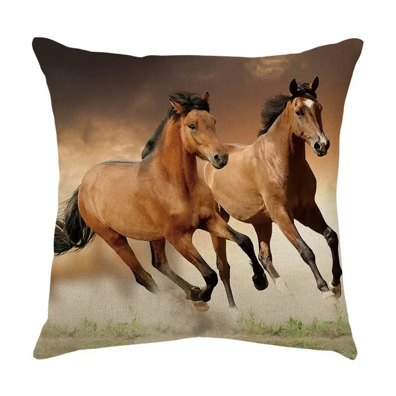 Square linen decorbites galloping horse pillowcase with vivid tan horses print for vibrant living room decor